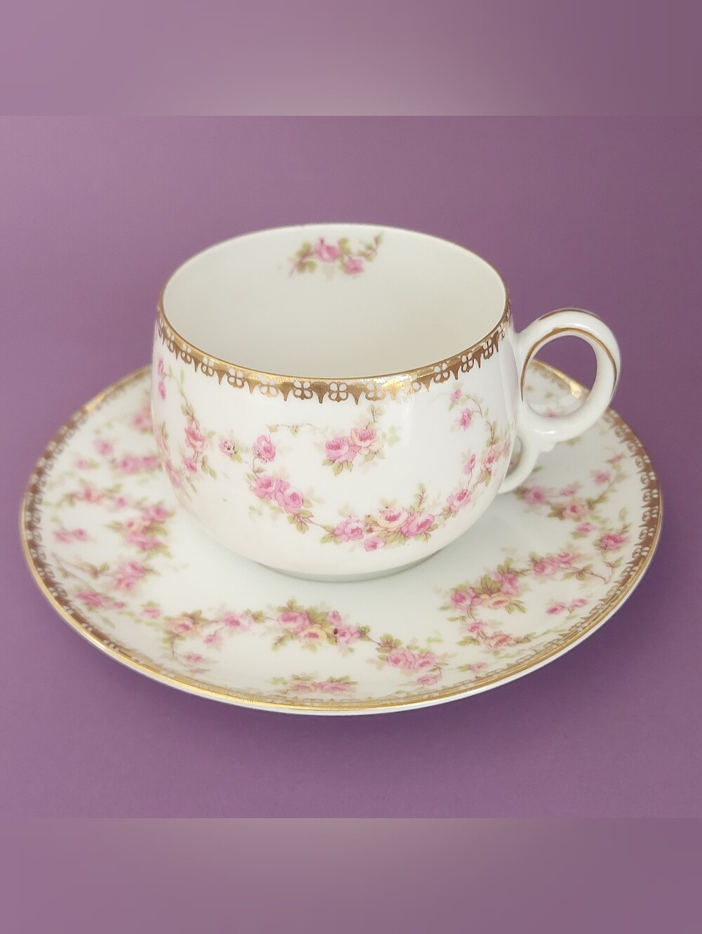 MZ Austria Bridal Rose Tea Cup and Saucer Vintage Porcelain Pink Rose Gold Gilt